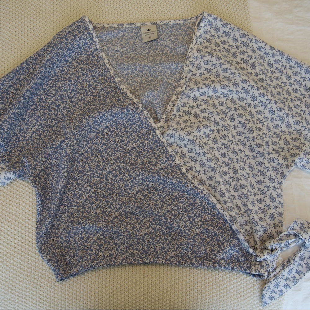 Floral Blue and White Paper Crane Wrap Top